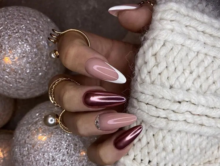 pink chrome and french manicure winter nails ideas holidays christmas