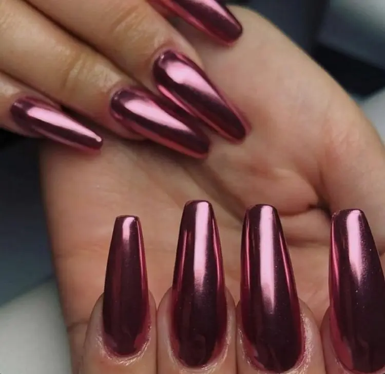 pink chrome nails long coffin ballerina shape manicure