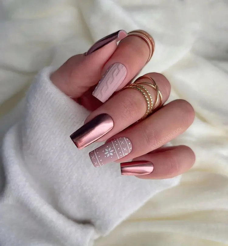 pink chrome sweater nails decoration manicure for the holidays new years christmas