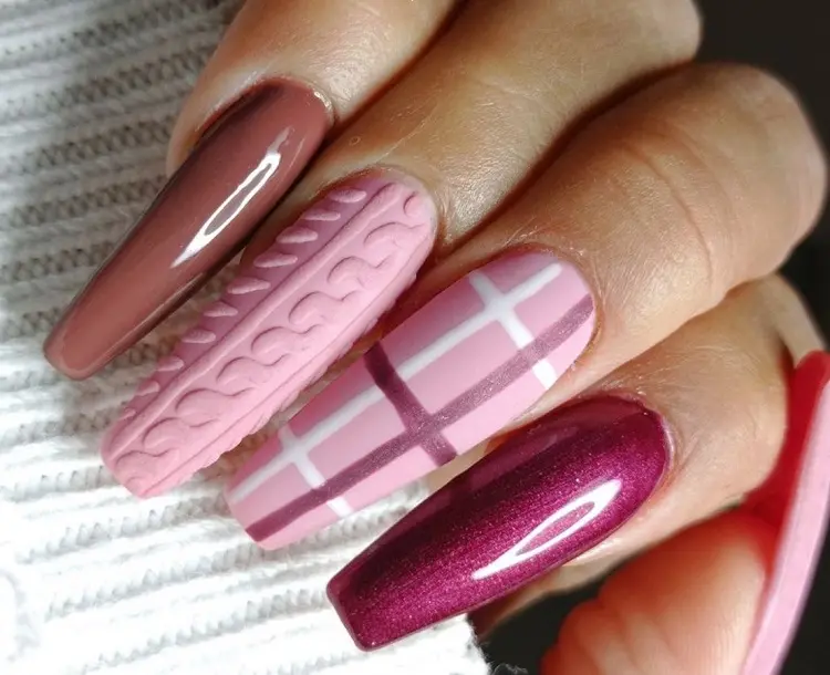 pink magenta nails with sweatre pattern trendy chic long manicure
