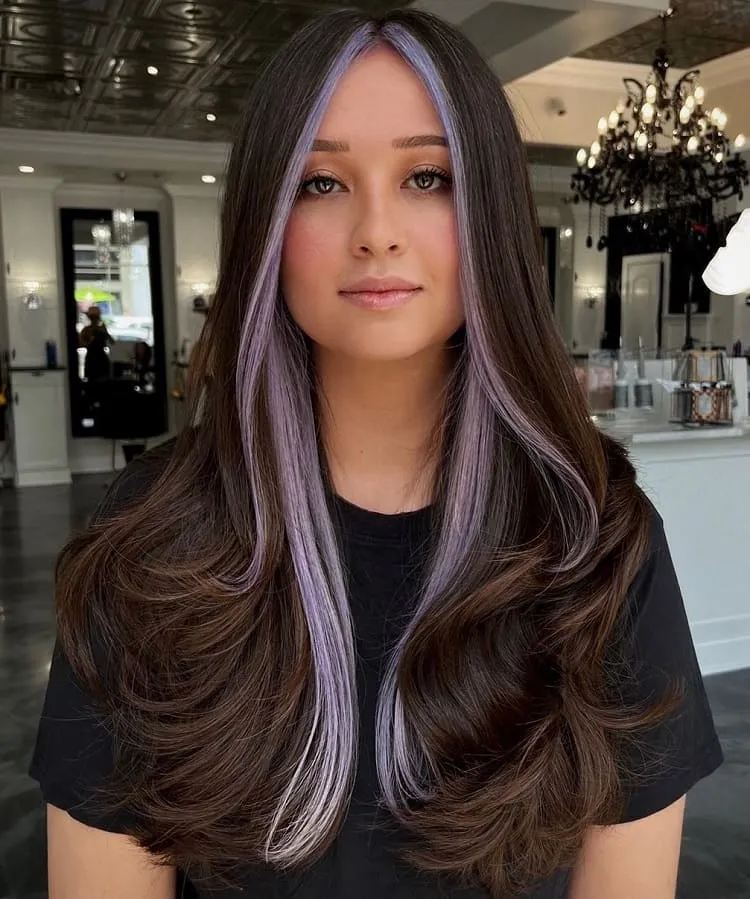 purple-money-piece-highlights-on-long-black-hair_ purple highlights