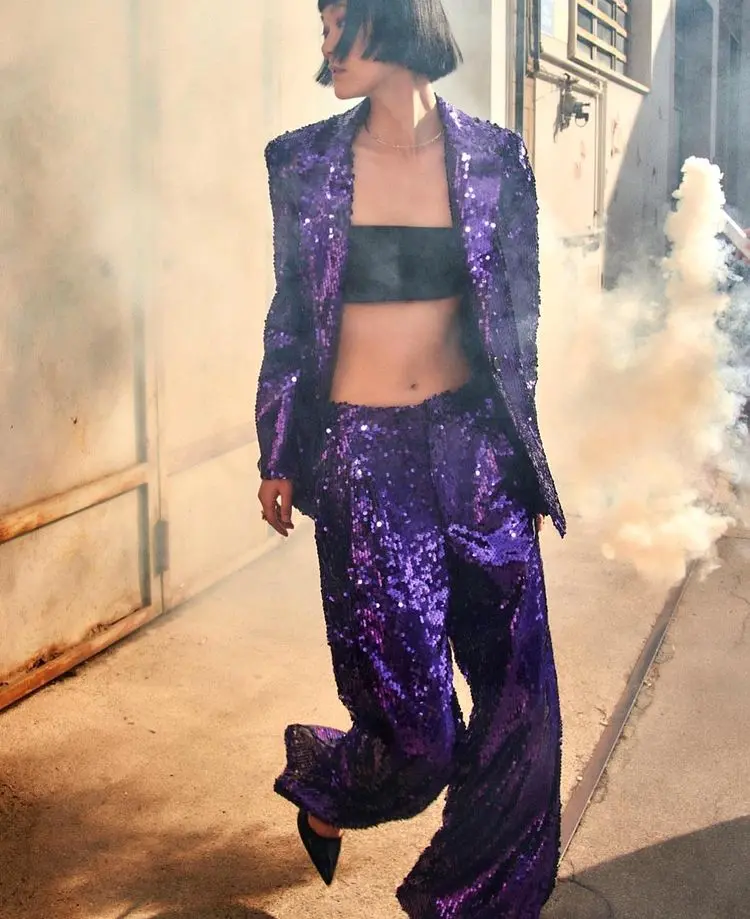 purple sequin suit runway fashion model how to wear it party outfit inspiration very trendy