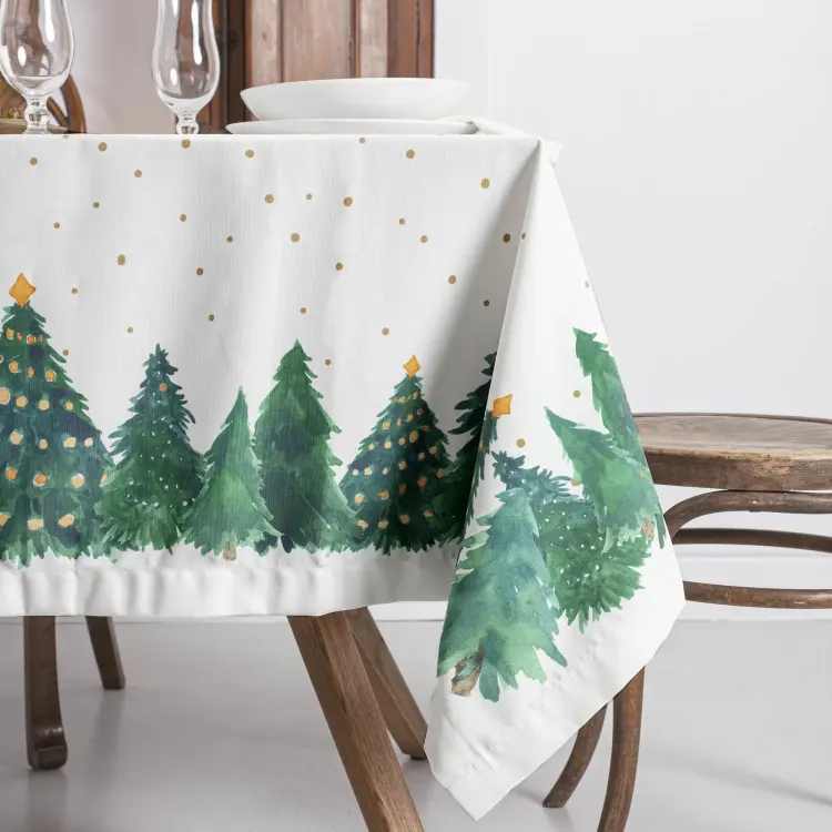 rectangular christmas tablecloth christmas trees at the bottom stars watercolor green and white