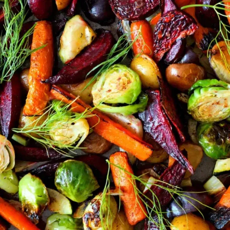 roasted vegetables with pecans and herbs