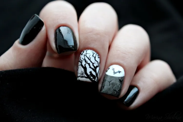 short nails gothic nail design black white grey spiderweb branches cat bat