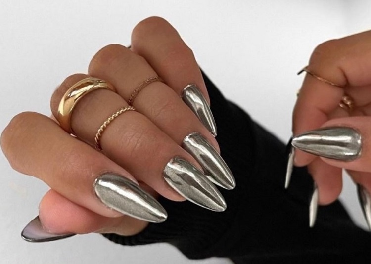 silver chrome nails trends in 2023 design gel art long manicure