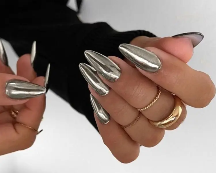 silver chrome nails trends in 2023 design gel art long manicure