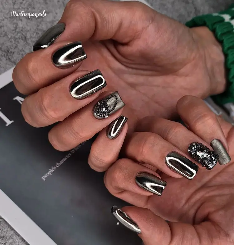 silver chrome nails with rhinestones decoration chic trendy manicure in 2022