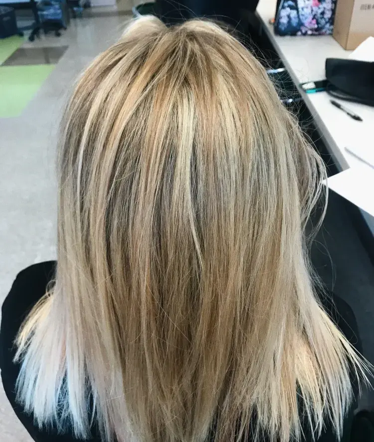 straight medium length hair blonde gray honey hues blending together