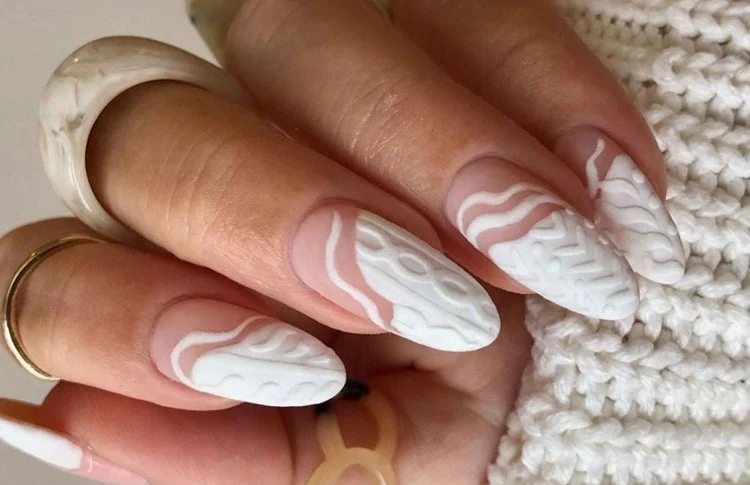 sweater nails embossed design ballerina shape beautiful christmas decorations nail art winter 2022