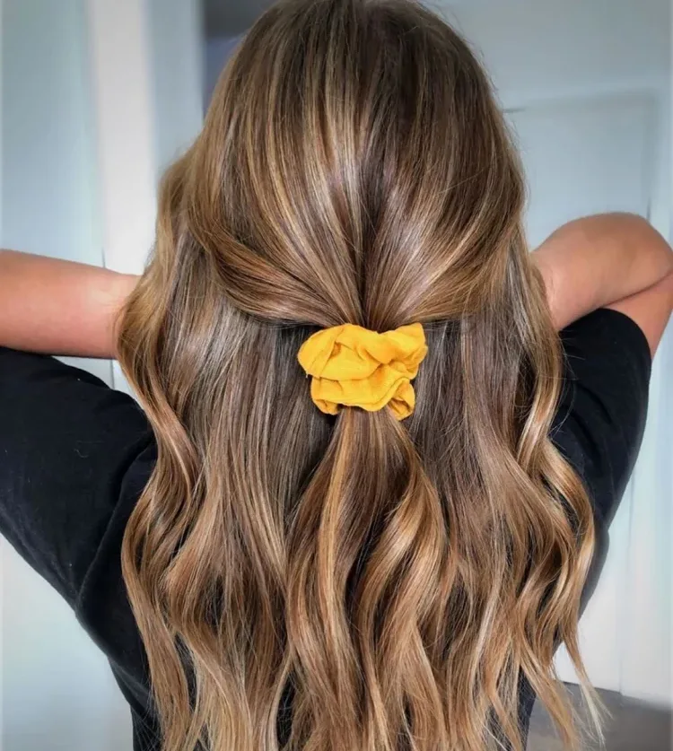 trendy hairstyle beautiful locks different shades yellow scrunchie