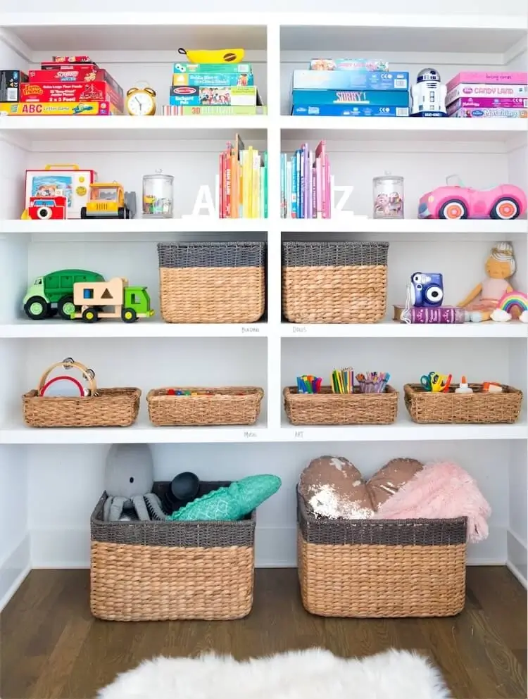 trick for storing toys in the childrens room wall shelves and storage baskets