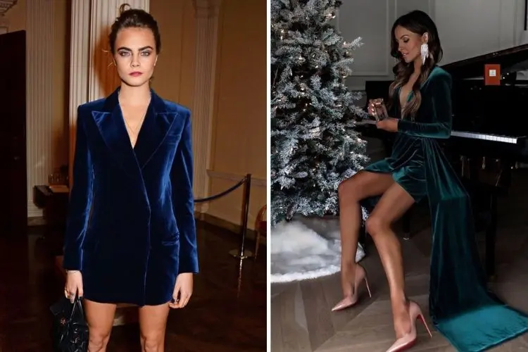 velvet blazer in blue and green dress to wear for the holidays new years eve party outfit