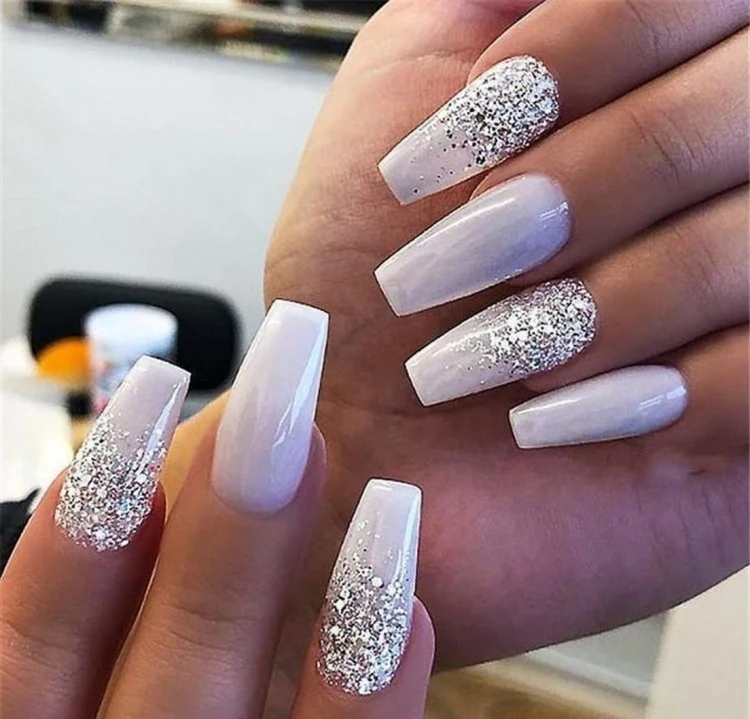 white and silver glitter gradient nail design 2022 long nails