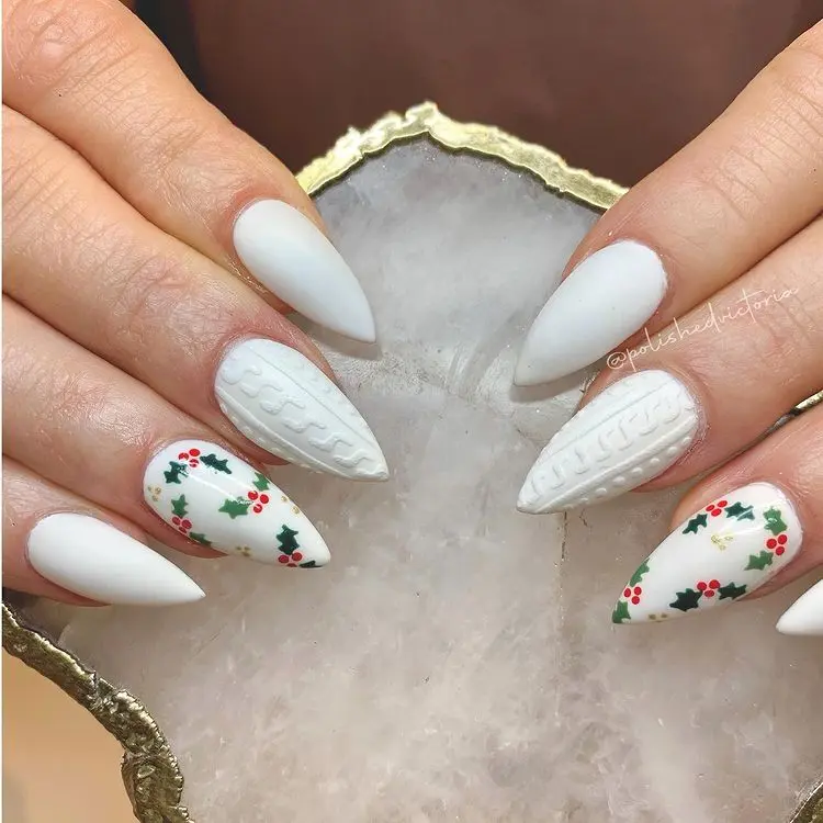 white sweater nails with mistletoe decoration christmas nail art design ideas