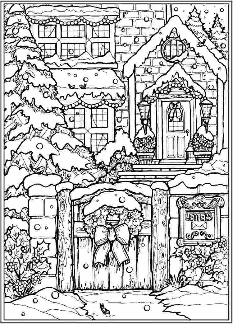 winter coloring sheet adults snow trees gate home fairy lights bushes windows doors brickwall