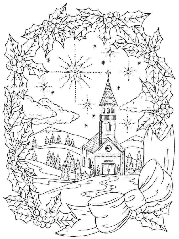 winter scene for coloring by kids ribbon greenery stars church trees hills snow