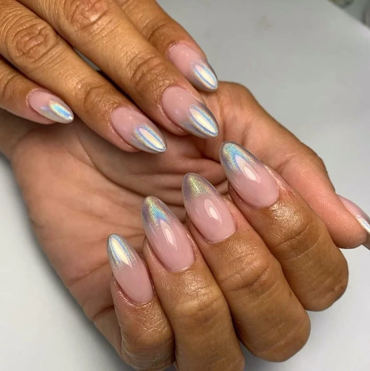 Metallic Ombre Nails and Nude base color Nail design trends 2023