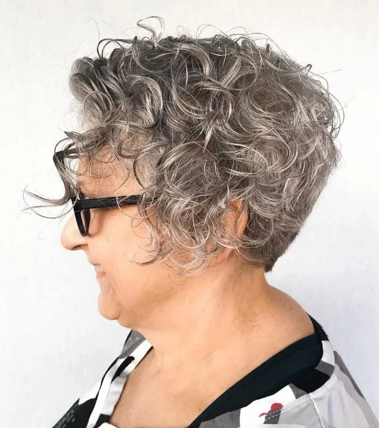 Short curly hairstyle for gray thick or thin hair