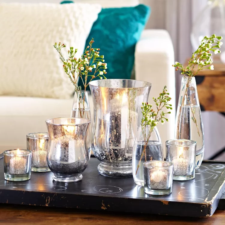 Silver glass as a winter decoration after Christmas for the coffee table