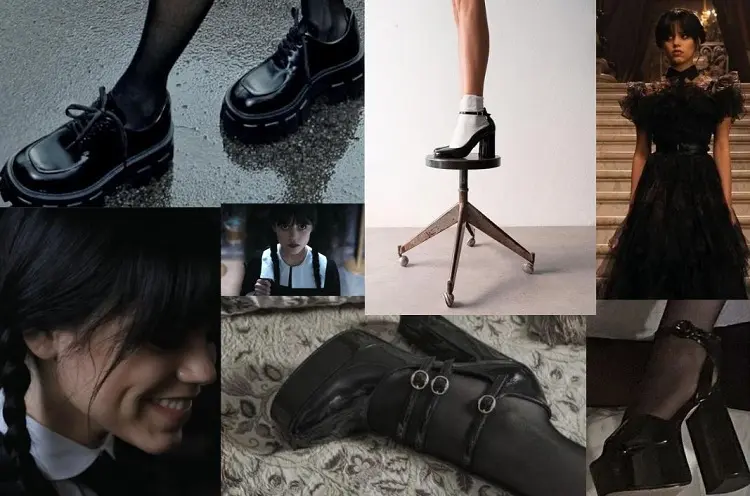 Wednesday Addams shoes aestetics style loafers platform heels