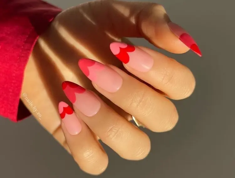 almond nails 2023 nude and red hot pink heart valentines day
