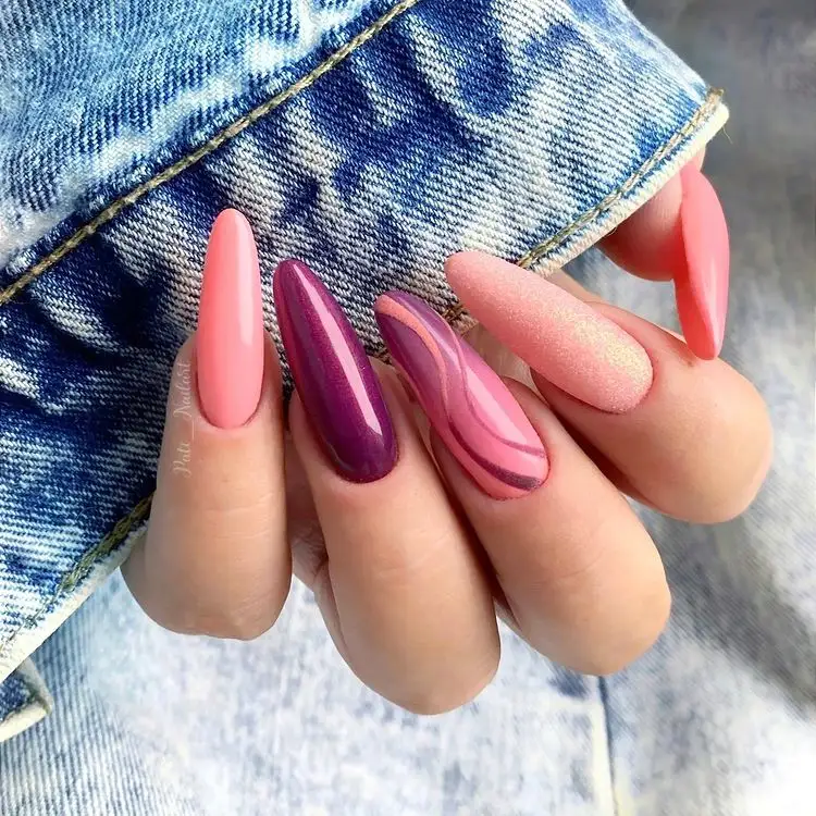 almond shape nails february 2023 ideas pink red nude combination