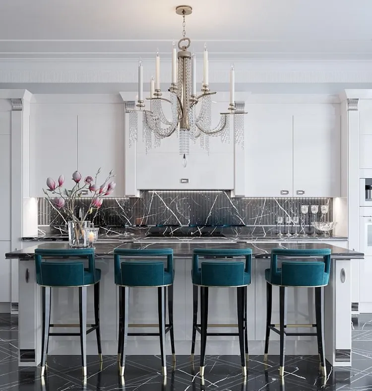 art deco kitchen style with turqoise chairs very luxurious ideas