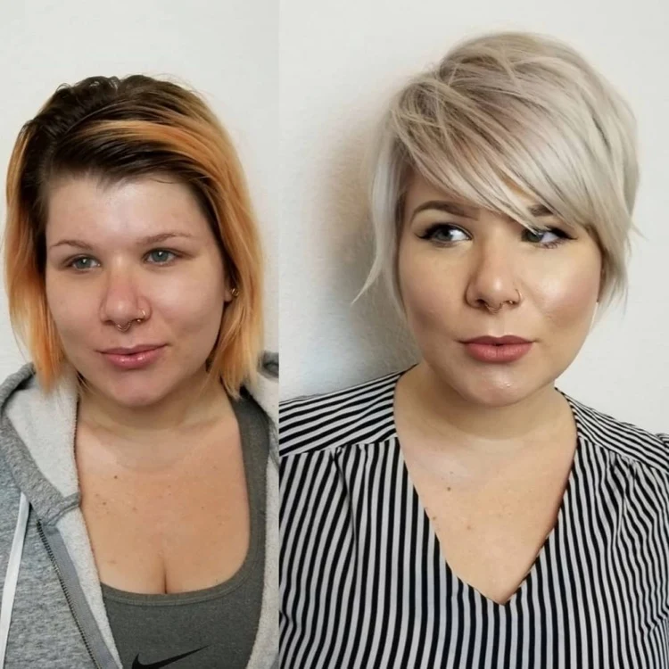 bangs for round oval face pixie cut before after