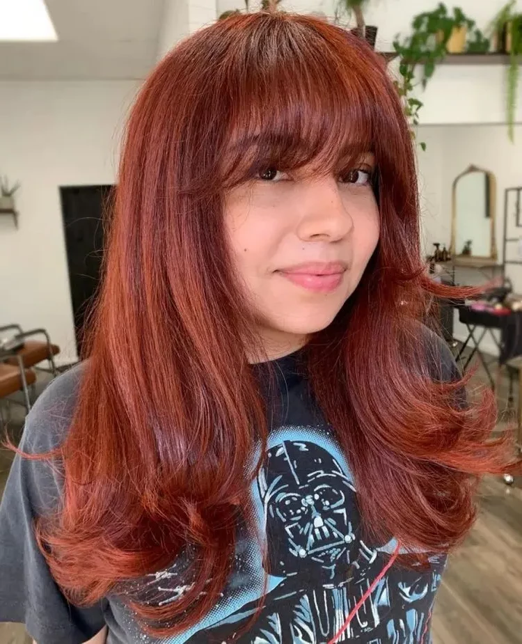 bangs hairstyles for round face long red hair