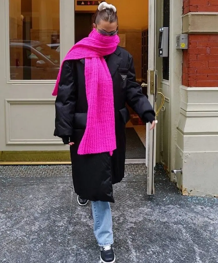 bella hadid pink scarf prada winter jacket how to dress in the cold and be cozy and warm