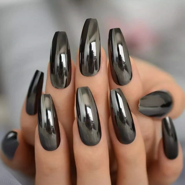 black long chrome nails metallic effect