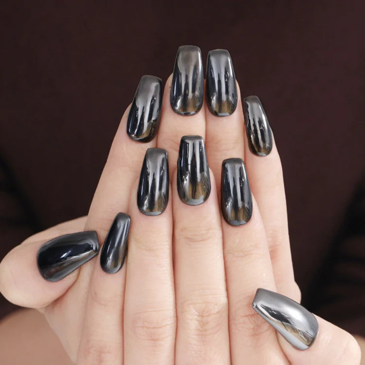 black nails chrome mirror effect long ballerina shape