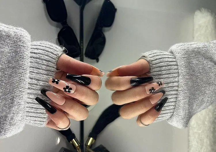 black nails with flowers decoration trendy long chic