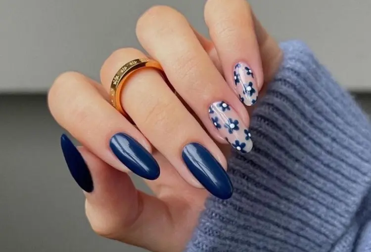 blue nails with flowers decoration cobalt simple nail art 2023