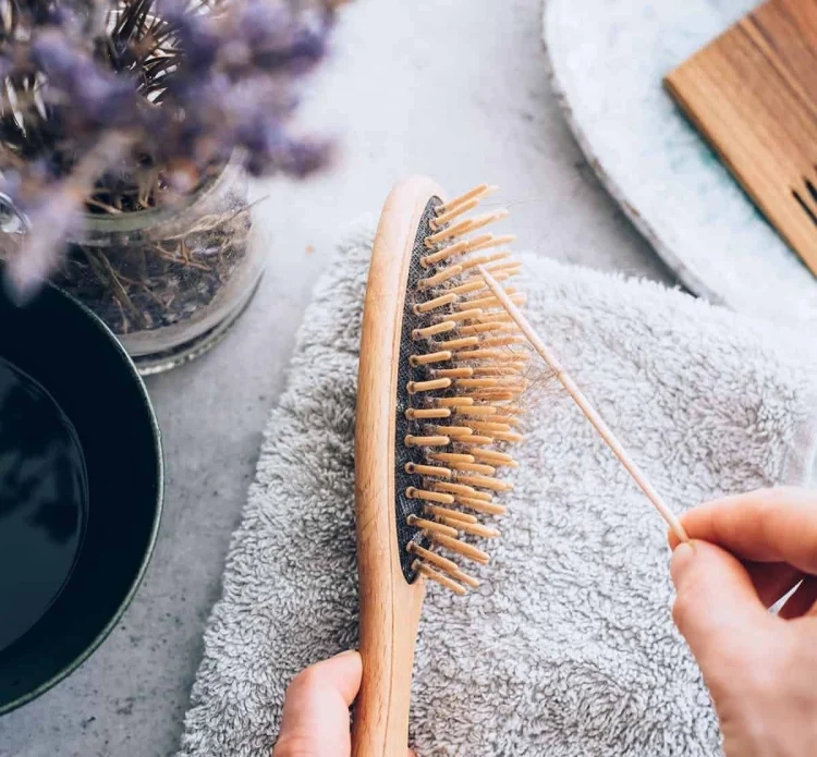 cleaning a hair brush with wooden thin stick