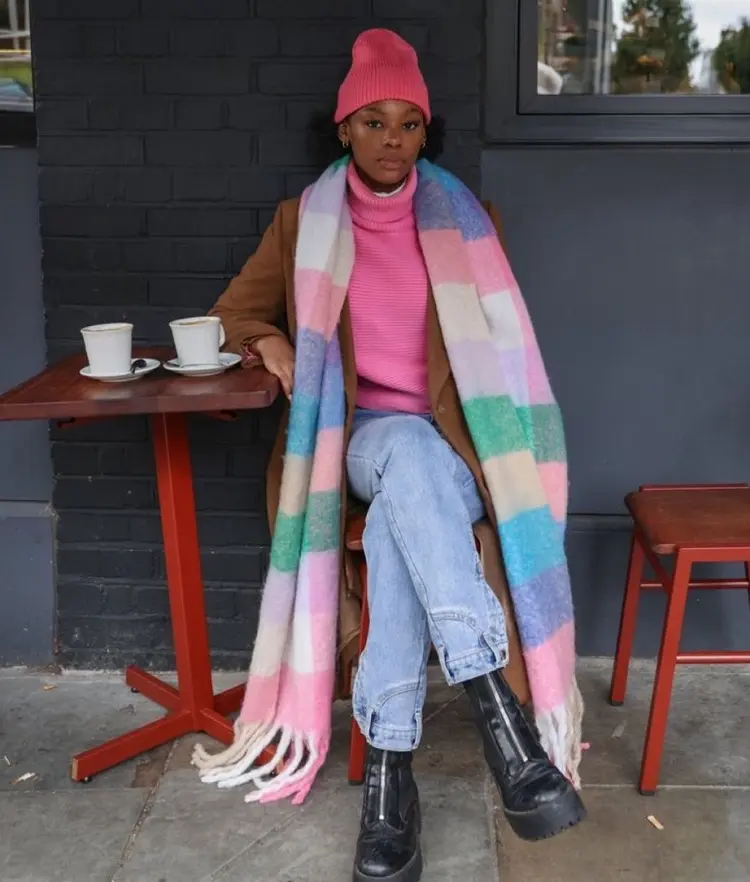 colorful scarf winter fashion 2023 ideas on how to style it pink green and blue