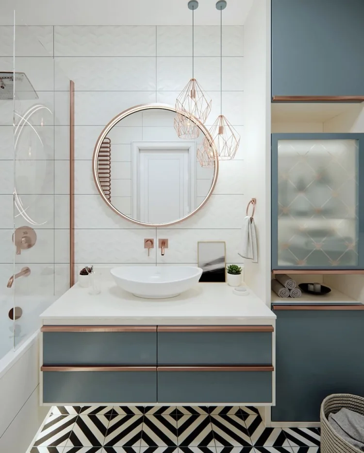 contemporary trends in bathroom design blue tones white tiles metallic effects