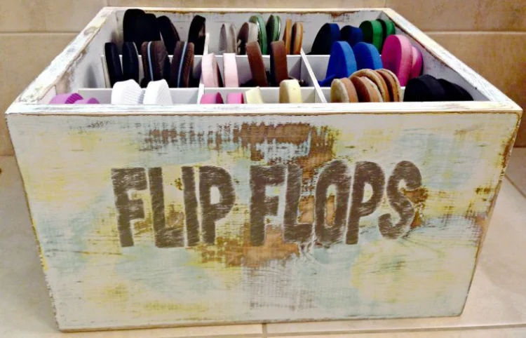flip flops wooden crate for storing summer shoes