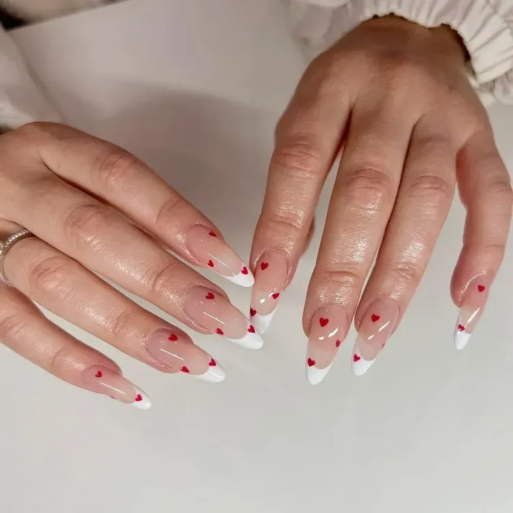 french manicure for valentine's day small red hearts