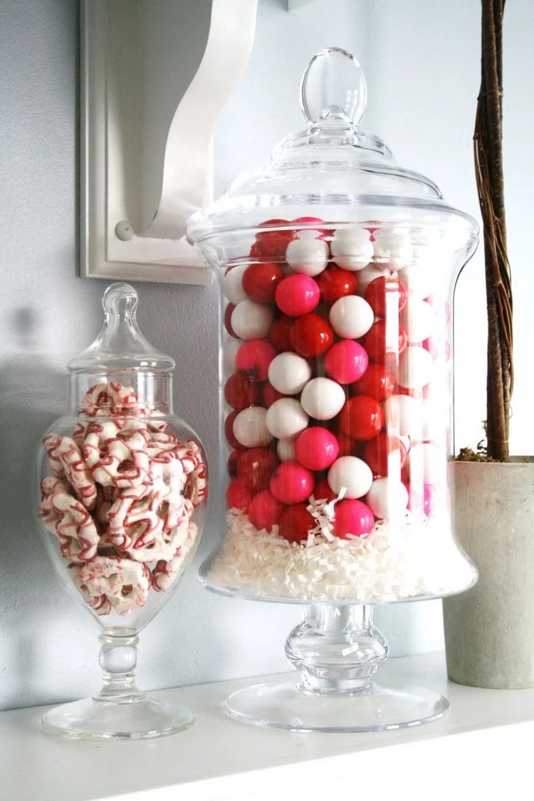 glass jar filled with candy pretzels Valentines Day ideas