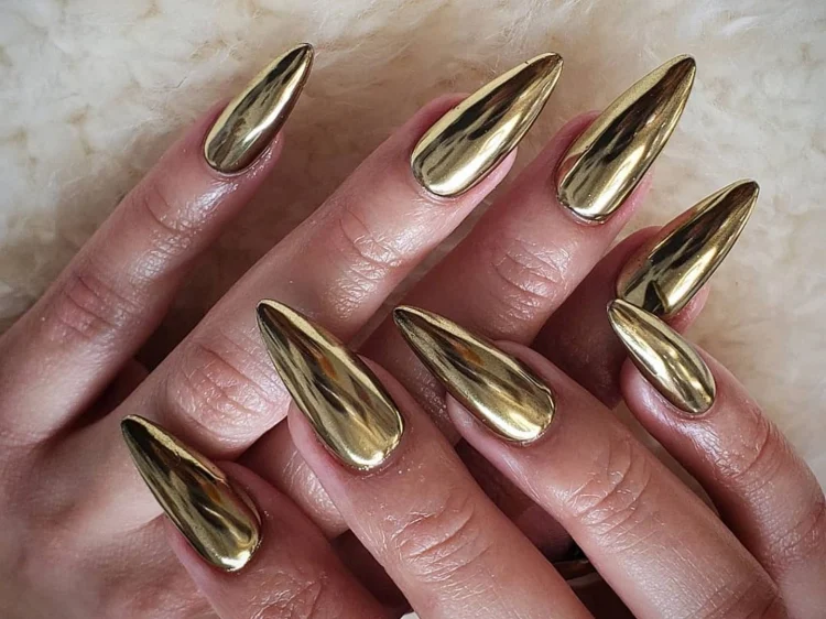 gold chrome nails long pointed nails