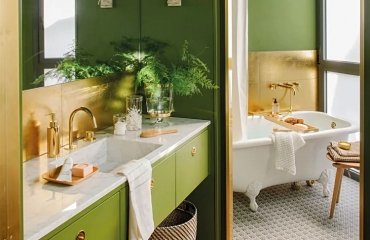 green and gold bathroom idea cozy white bathtub wooden elements mirror