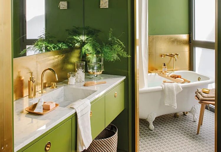 green and gold bathroom idea cozy white bathtub wooden elements mirror