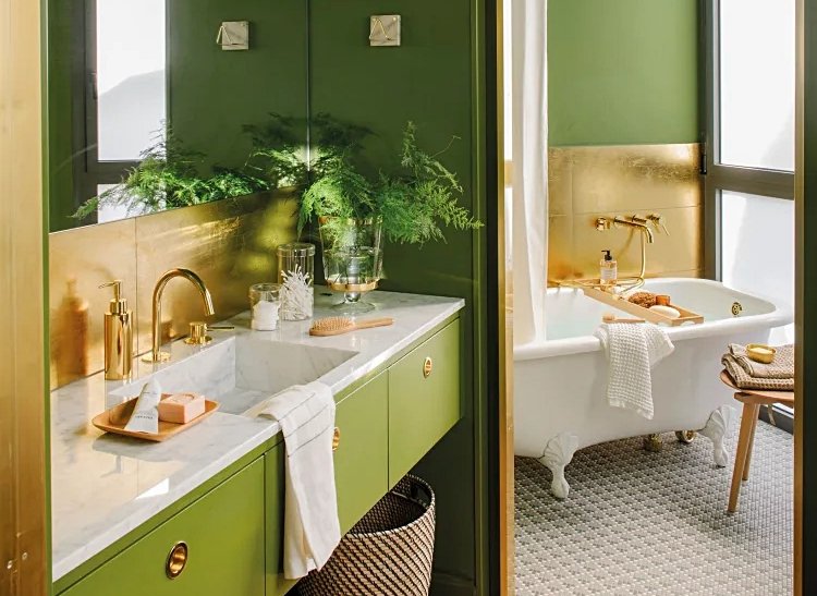 green and gold bathroom idea cozy white bathtub wooden elements mirror