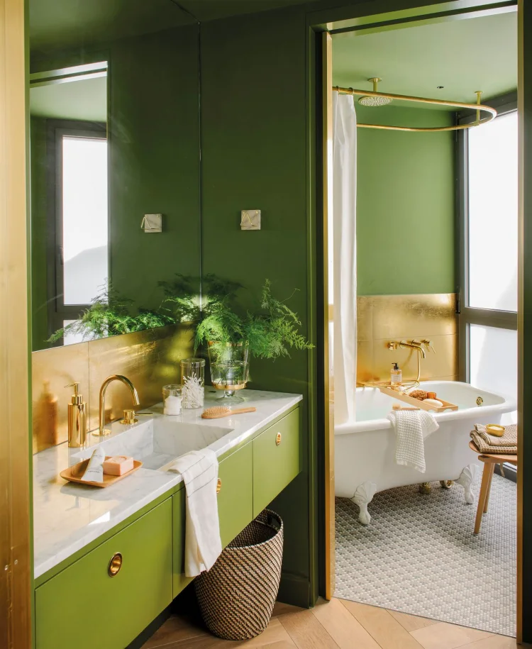 green and gold bathroom idea cozy white bathtub wooden elements mirror