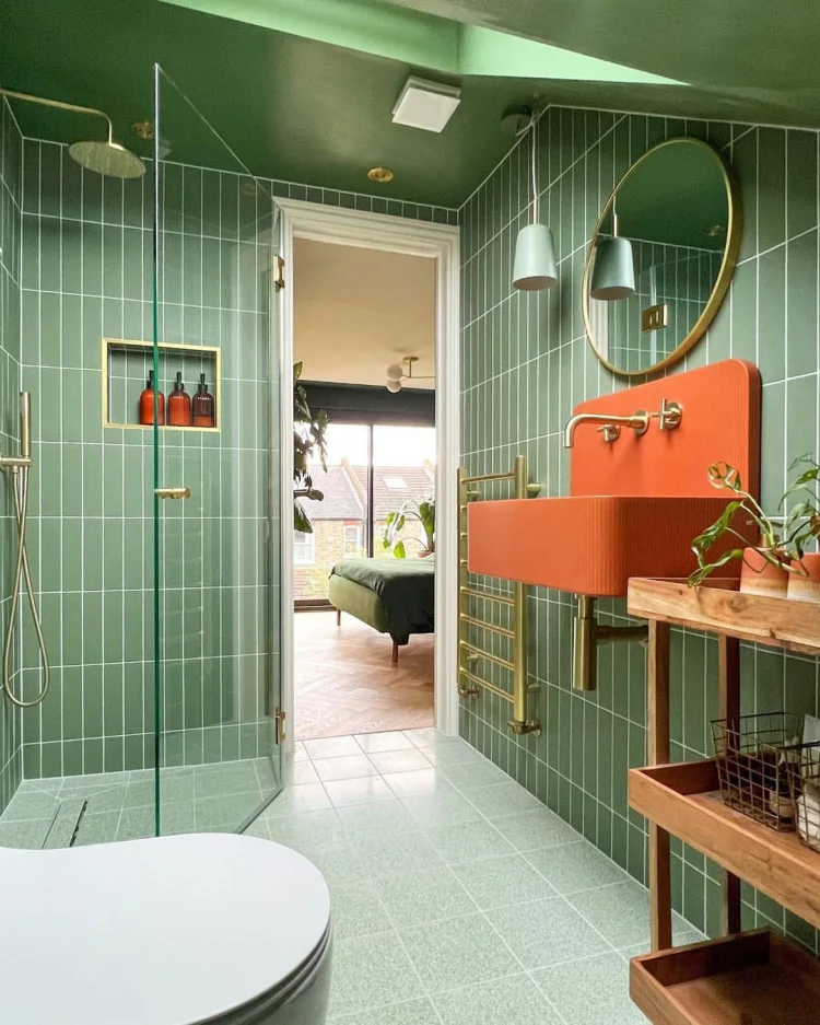 green bathroom idea subway tiles terra cotta sink
