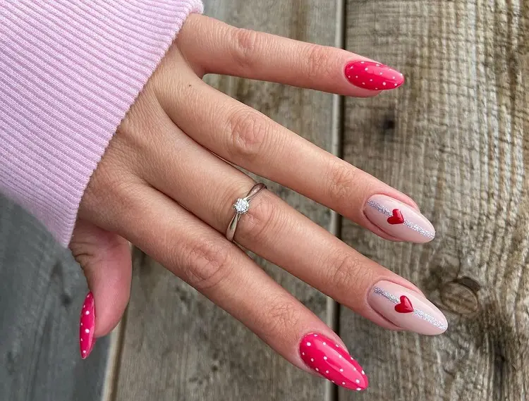 hot pink polka dot nails heart shape design art ideas