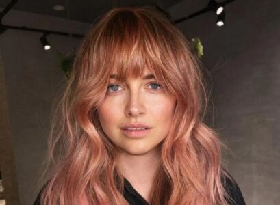 long haircut with bangs peach hair color