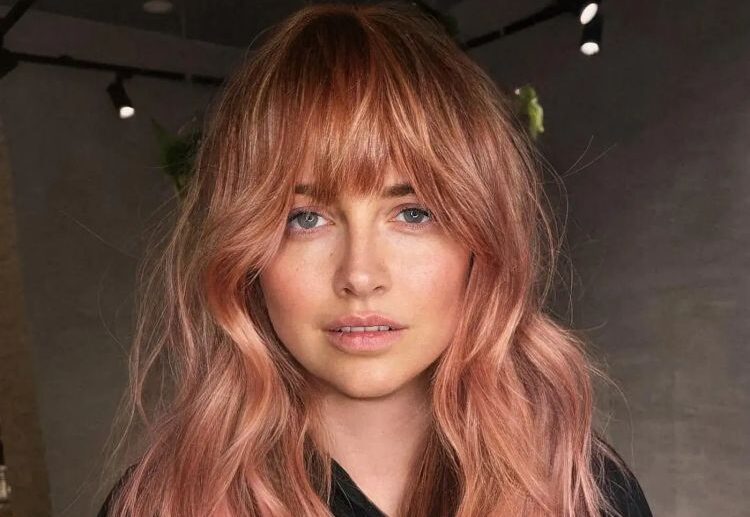 long haircut with bangs peach hair color